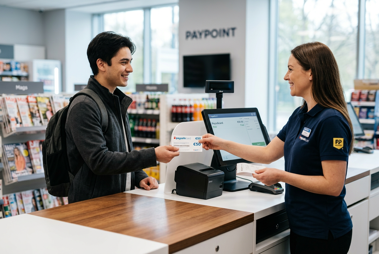 Użytkownik kupujący kupon Paysafecard w punkcie stacjonarnym