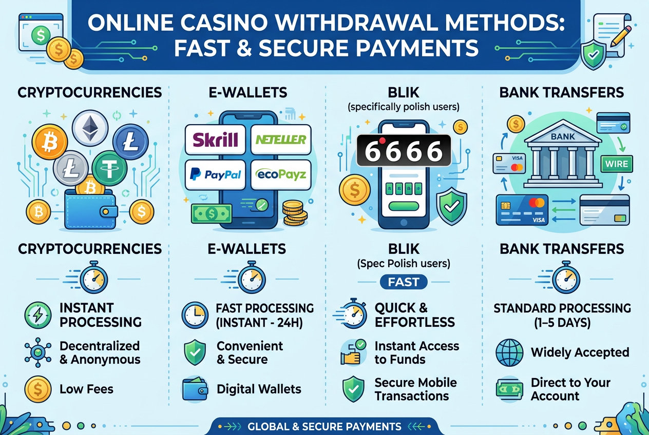 Infografika przedstawiająca czasy wypłat w kasynach online 2026